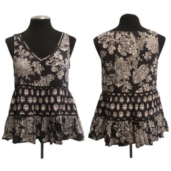 AMERICAN EAGLE Dark Gray Off White Floral Mixed Print Tiered Boho Tank Blouse M - Picture 2 of 11